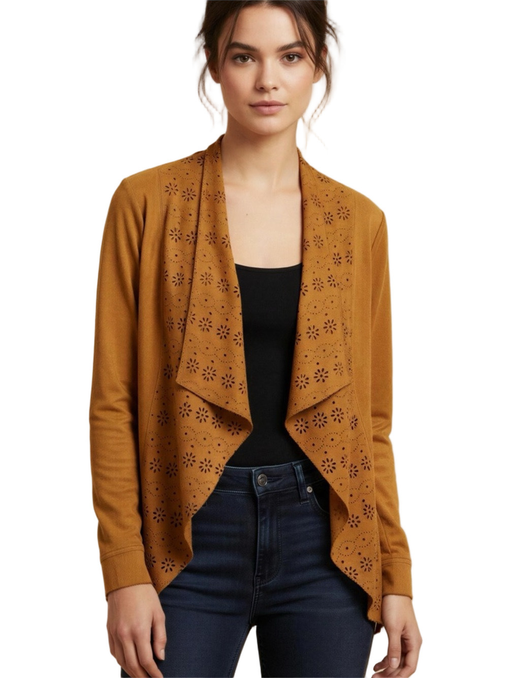 American Rag Camel Laser-Cut Faux Suede Draped Jacket Size L NWT